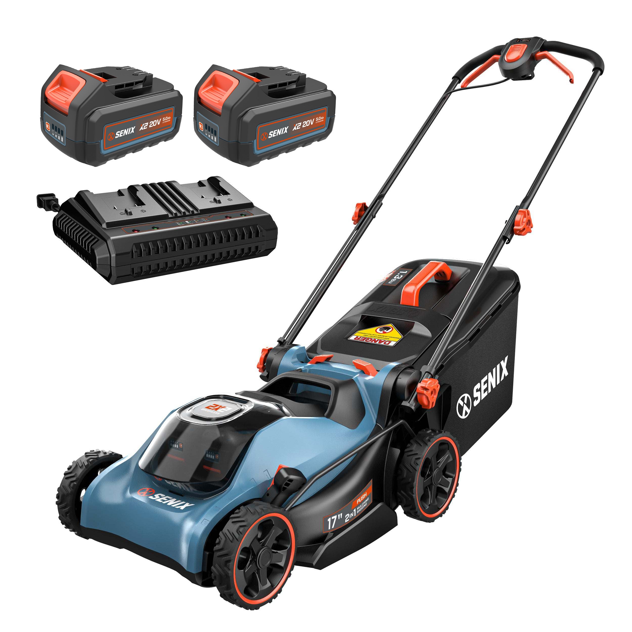 2X2 40V Max* 17" Cordless Electric Push Lawn Mower 2-in-1 Mulching & Bagging, Brushless (2 5.0 Ah Batteries & Charger Included)